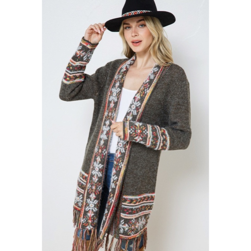 SOLD OUT Moss Olive Snowflake Marled Native Western Aztec Open Knit Cardigan - Picture 3 of 7